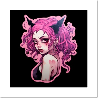 Pink Goth Cat Girl Cyberpunk Synthwave Posters and Art